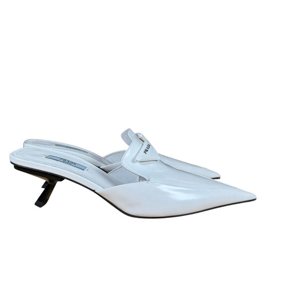 Prada White Spazzolato Triangle Logo 55M Pointed Toe Mules Heels Size 39 - Picture 2 of 13